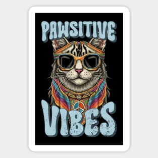 Pawsitive Vibes, Retro Groovy Style Hippie Cat Lover Design Magnet